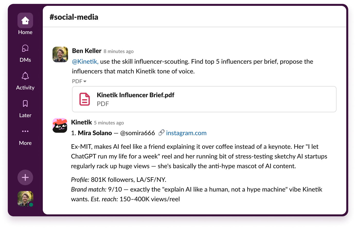 Kinetik ranking matching influencers from a brief in a Slack channel
